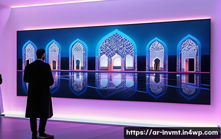 NFT 아트와 글로벌 트렌드 - A vibrant digital art gallery scene blending traditional Arabic calligraphy paintings with futuristi...