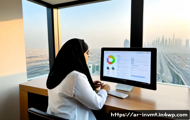 Home 17 NFT 아트 투자에 필요한 도구와 플랫폼 - Photorealistic modern home office in Dubai, Arab woman investor wearing elegant modest business atti...