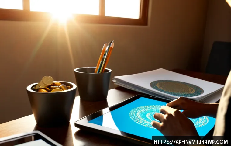 NFT 아트와 예술가의 수익 모델 - Photorealistic Middle Eastern digital artist in a modern sunlit studio, seated at a clean desk creat...