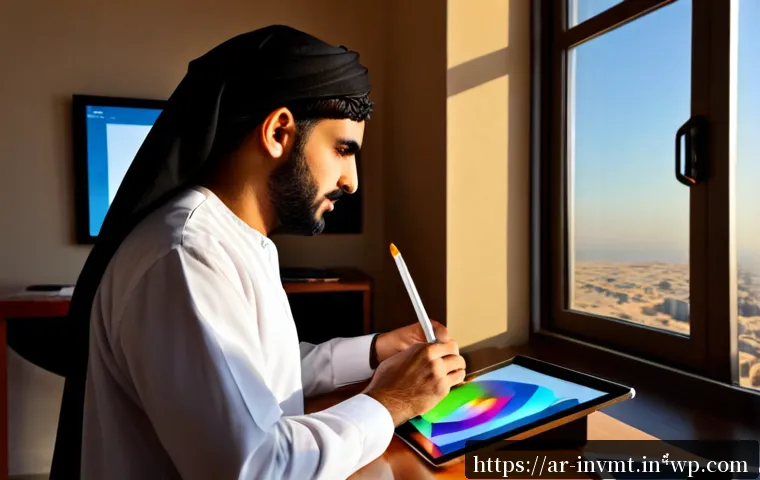 NFT 아트의 제작 및 배포 과정 - Photorealistic contemporary digital art studio in Dubai, a modestly dressed Arab artist using a styl...