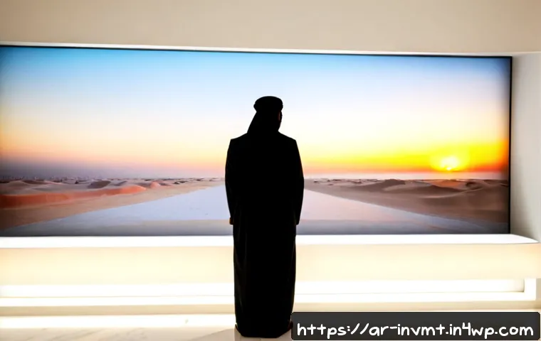 NFT 아트와 커스터디 서비스 - Photorealistic modern Gulf Arab art collector in modest elegant attire viewing a vibrant abstract di...